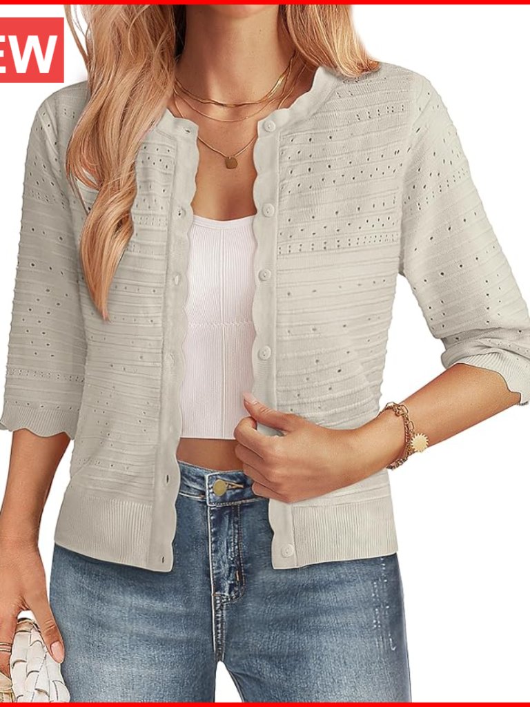 Lightweight Viscose Blend Cropped Cardigan With 3/4 Sleeves